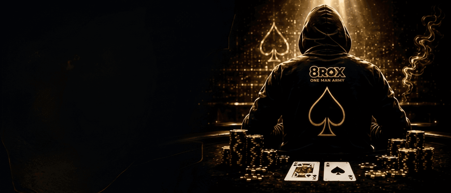 An 8ROX player seated at the poker table beneath a glowing golden spade